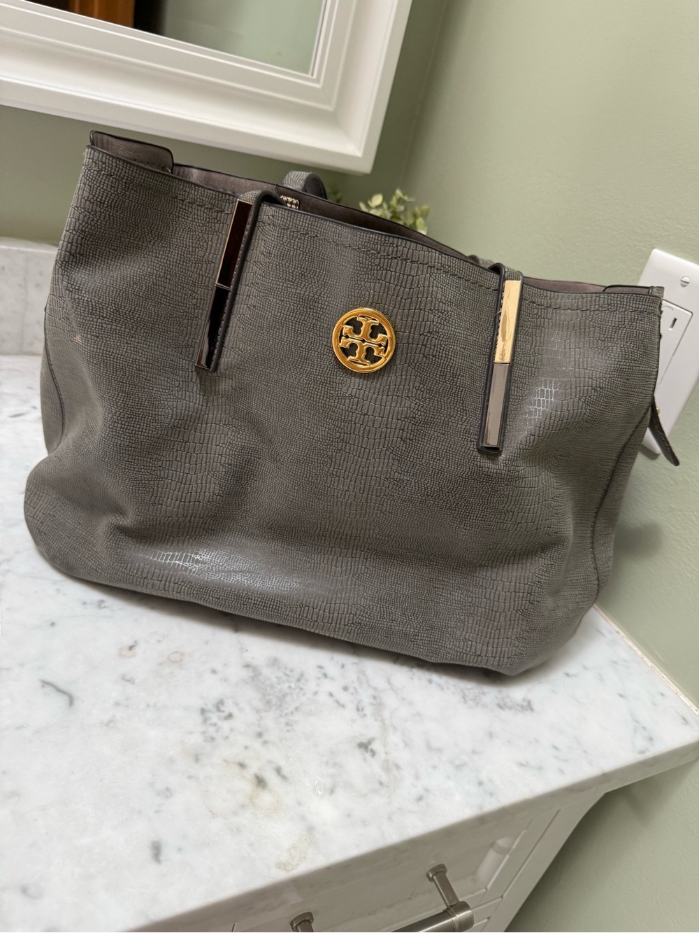 Authentic Tory Burch Amanda Embossed Leather Tote (Gray), circa 2013–2014